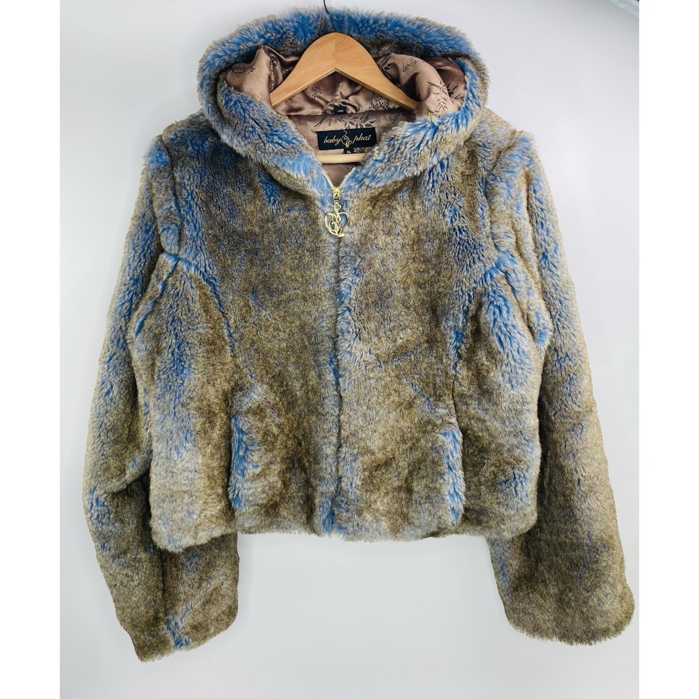 BABY PHAT Womens XL Blue Brown Acrylic FUR Bomber JACKET Removable Arms